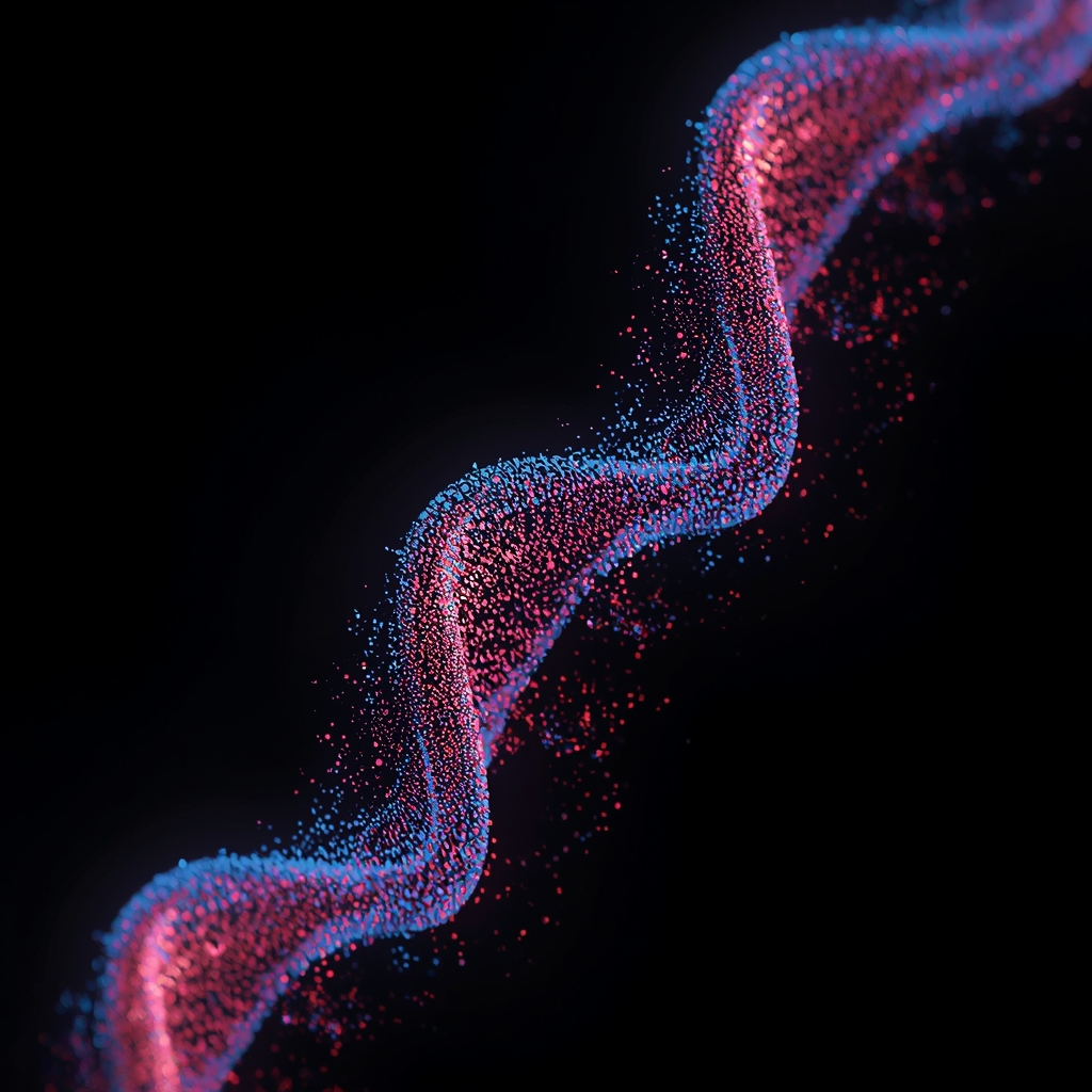 An abstract visualization of data flow. Trillions of tiny glowing particles forming a double helix and other complex mathematical structures. High-end digital art, vibrant colors, deep blacks. No people. No women.